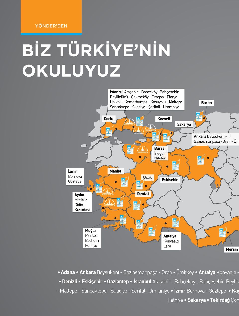 Kuşadası Denizli Muğla Merkez Bodrum Fethiye Antalya Konyaaltı Lara Mersin 4 Yarınlara Sözümüz Var Adana Ankara Beysukent - Gaziosmanpaşa - Oran - Ümitköy Antalya Konyaaltı -