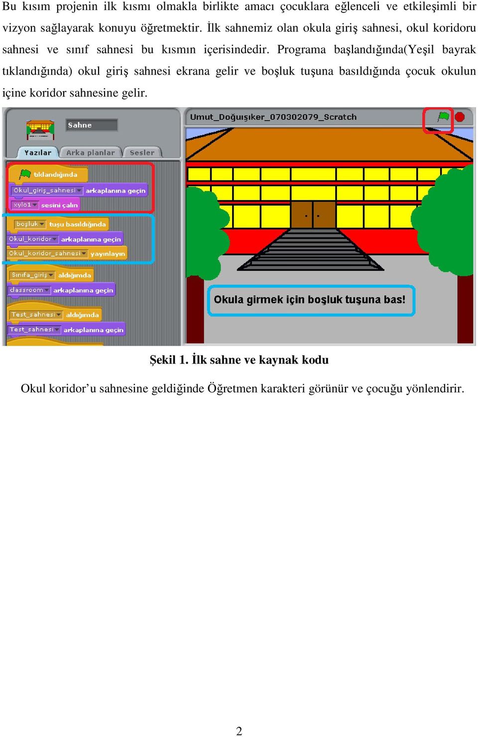 Programa başlandığında(yeşil bayrak tıklandığında) okul giriş sahnesi ekrana gelir ve boşluk tuşuna basıldığında çocuk okulun