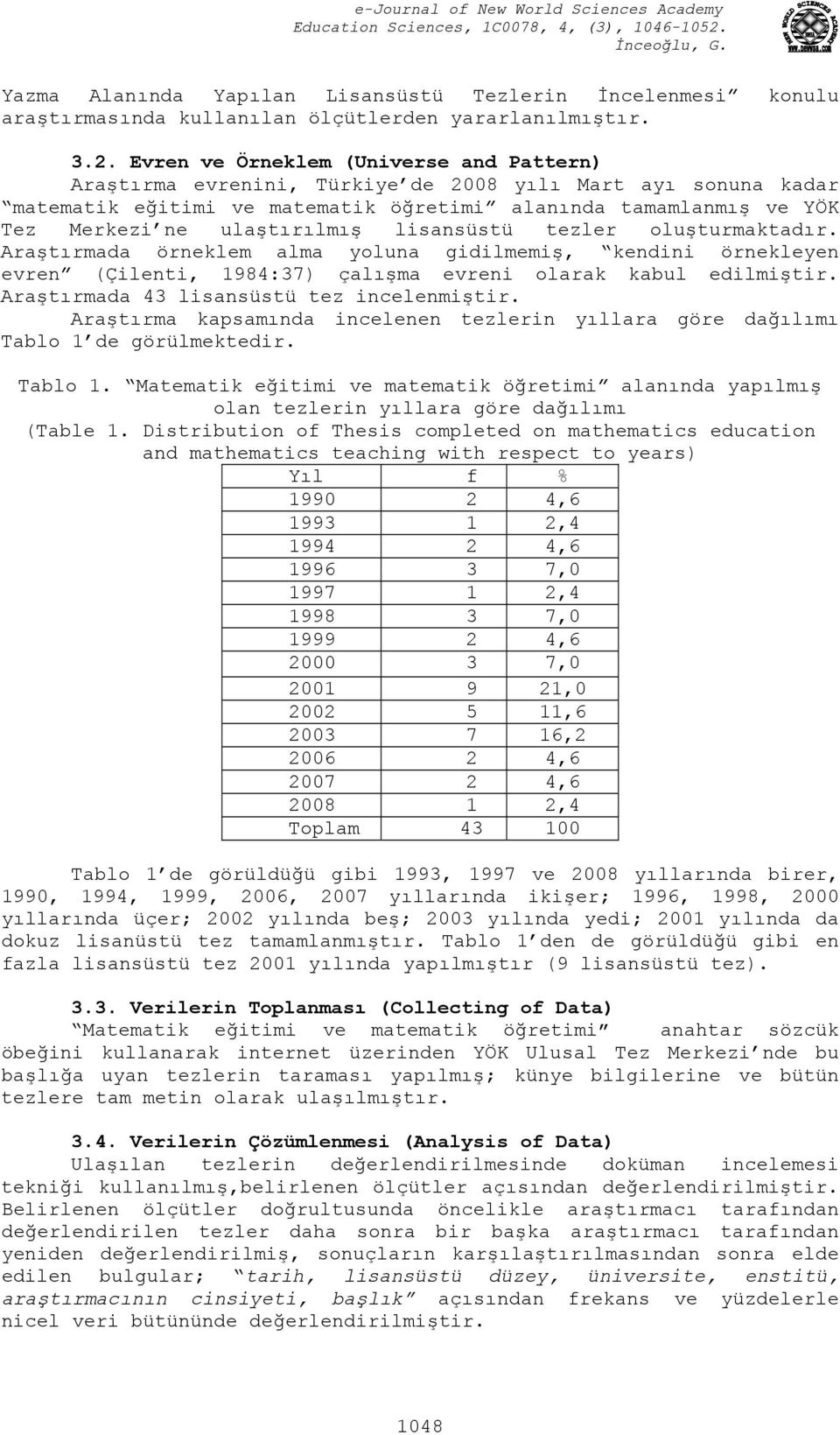 lisansüstü tezler oluşturmaktadır. Araştırmada örneklem alma yoluna gidilmemiş, kendini örnekleyen evren (Çilenti, 1984:37) çalışma evreni olarak kabul edilmiştir.