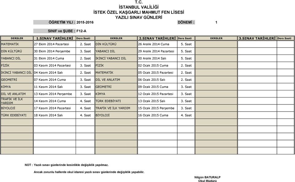 Saat MATEMATİK 05 Ocak 2015 Pazartesi 2. Saat GEOMETRİ 07 Kasım 2014 Cuma 3. Saat DİL VE ANLATIM 06 Ocak 2015 Salı 2. Saat KİMYA 11 Kasım 2014 Salı 3. Saat GEOMETRİ 09 Ocak 2015 Cuma 3.