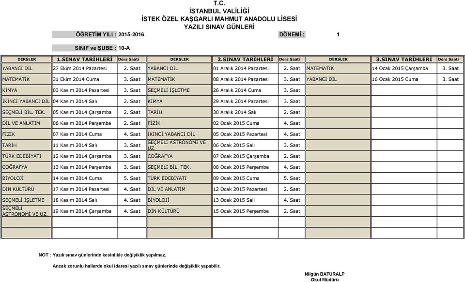 Saat İKİNCİ YABANCI DİL 04 Kasım 2014 Salı 2. Saat KİMYA 29 Aralık 2014 Pazartesi 3. Saat SEÇMELİ BİL. TEK. 05 Kasım 2014 Çarşamba 2. Saat TARİH 30 Aralık 2014 Salı 2.