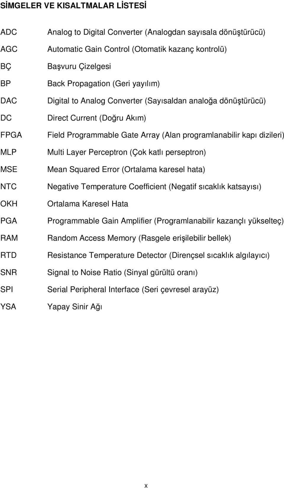 programlanabilir kapı dizileri) Multi Layer Perceptron (Çok katlı perseptron) Mean Squared Error (Ortalama karesel hata) Negative Temperature Coefficient (Negatif sıcaklık katsayısı) Ortalama Karesel