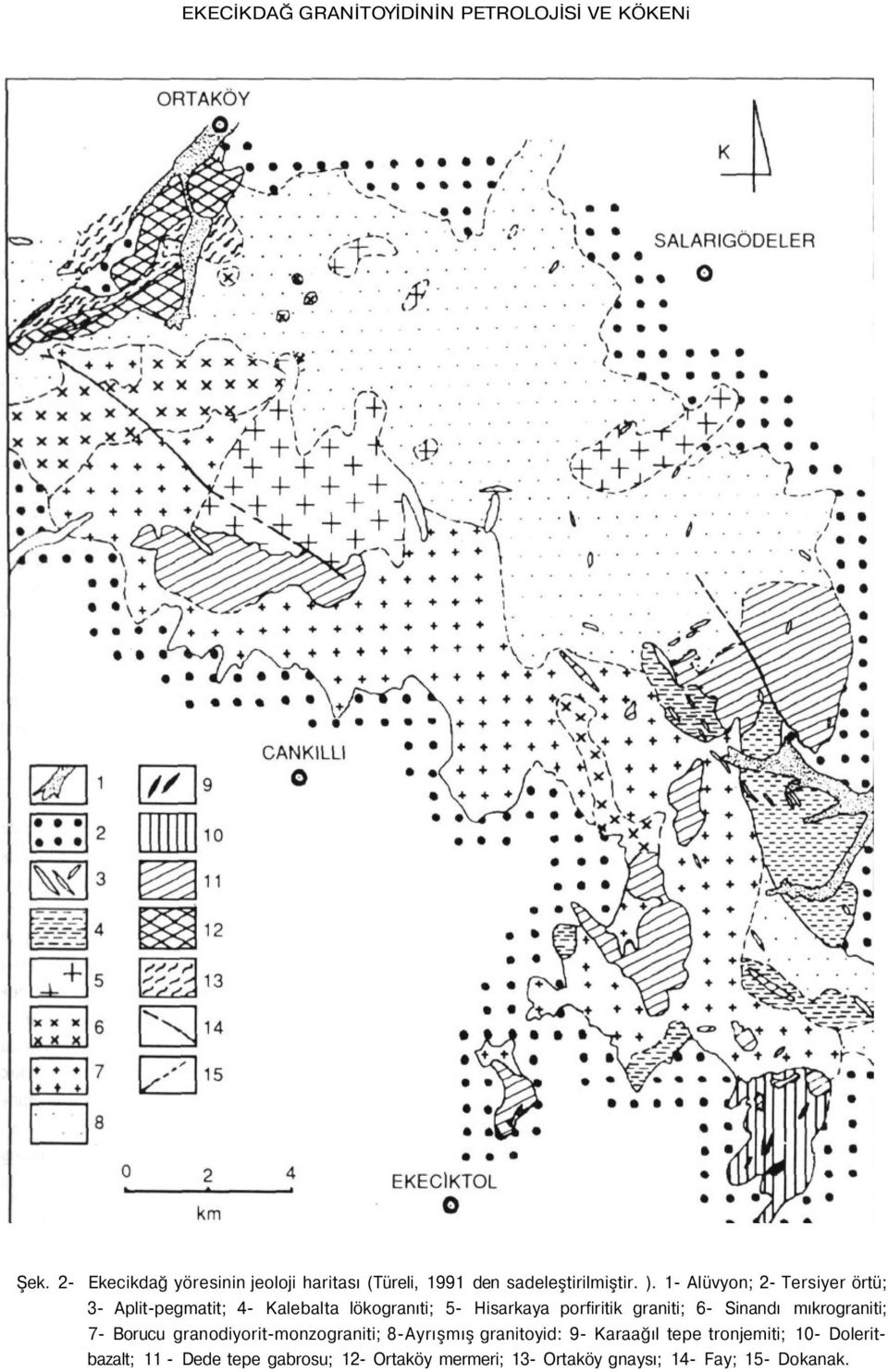 1- Alüvyon; 2- Tersiyer örtü; 3- Aplit-pegmatit; 4- Kalebalta lökogranıti; 5- Hisarkaya porfiritik graniti; 6-