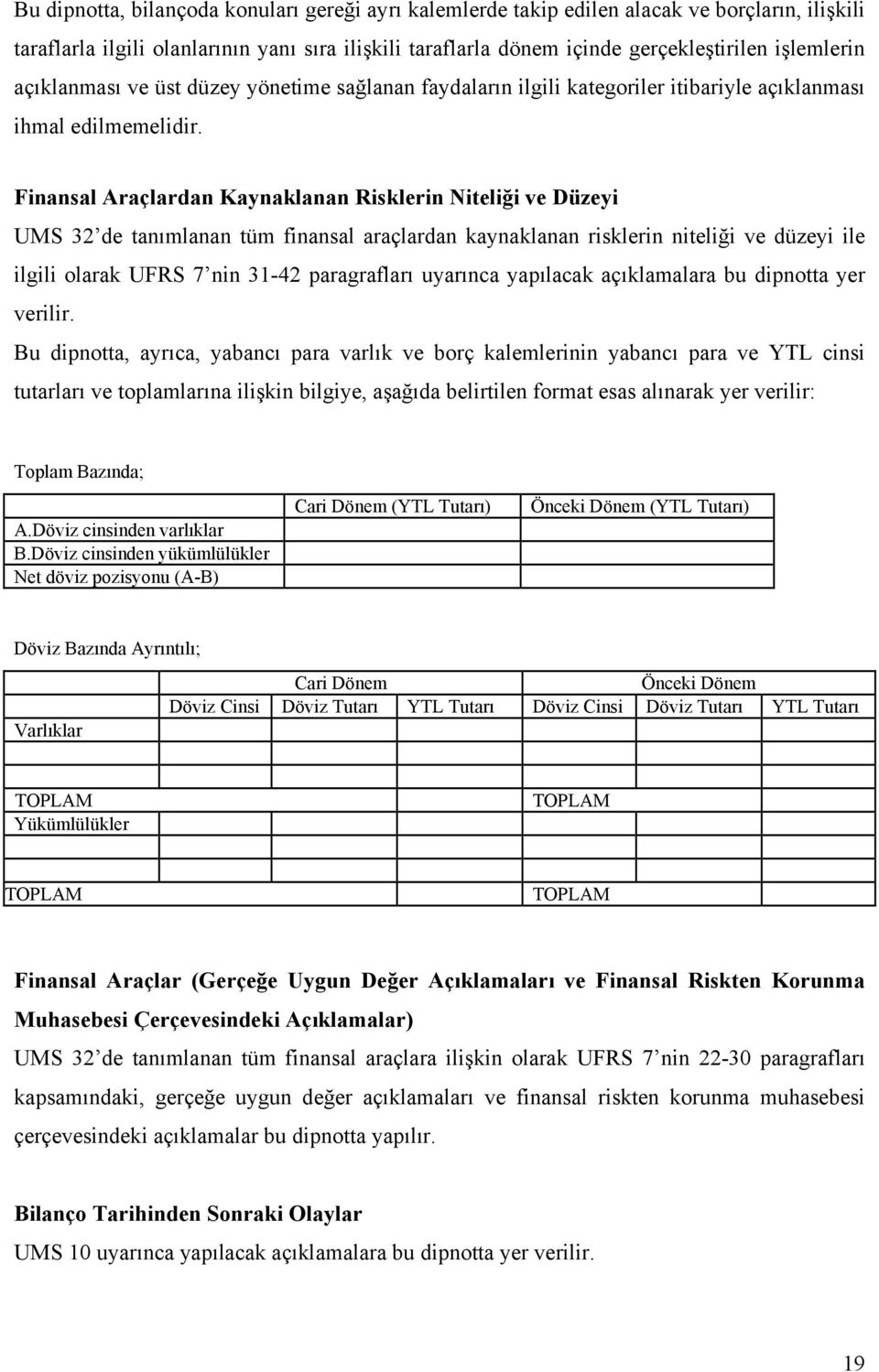 Finansal Araçlardan Kaynaklanan Risklerin Niteliği ve Düzeyi UMS 32 de tanımlanan tüm finansal araçlardan kaynaklanan risklerin niteliği ve düzeyi ile ilgili olarak UFRS 7 nin 31-42 paragrafları