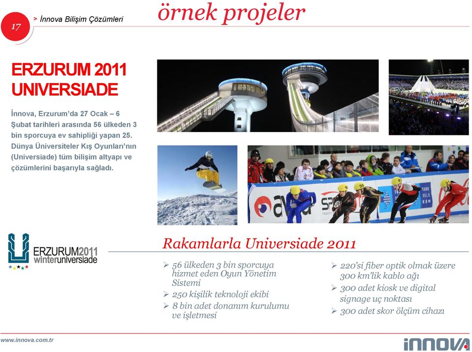 Rakamlarla Universiade 2011 Ø 56 ülkeden 3 bin sporcuya hizmet eden Oyun Yönetim Sistemi Ø 250 kişilik teknoloji ekibi Ø 8 bin adet