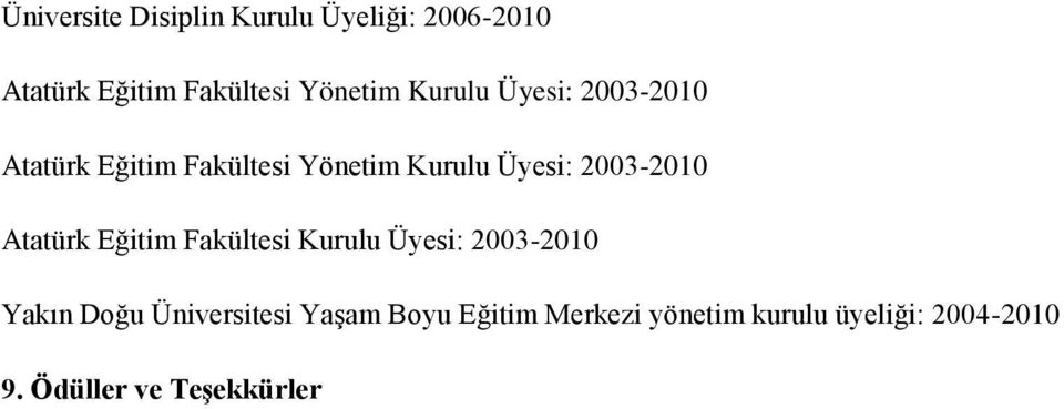 2003-2010 Atatürk Eğitim Fakültesi Kurulu Üyesi: 2003-2010 Yakın Doğu