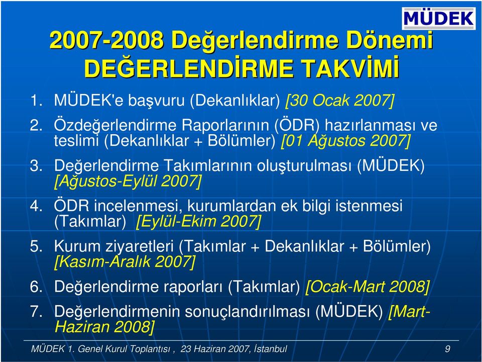 Değerlendirme Takımlarının luşturulması (MÜDEK) [Ağusts-Eylül 2007] 4. ÖDR incelenmesi, kurumlardan ek bilgi istenmesi (Takımlar) [Eylül-Ekim 2007] 5.