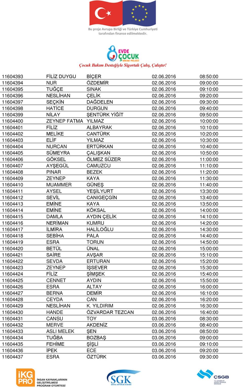 06.2016 10:20:00 11604403 ELİF YILMAZ 02.06.2016 10:30:00 11604404 NURCAN ERTÜRKAN 02.06.2016 10:40:00 11604405 SÜMEYRA ÇALIŞKAN 02.06.2016 10:50:00 11604406 GÖKSEL ÖLMEZ SÜZER 02.06.2016 11:00:00 11604407 AYŞEGÜL CAMUZCU 02.