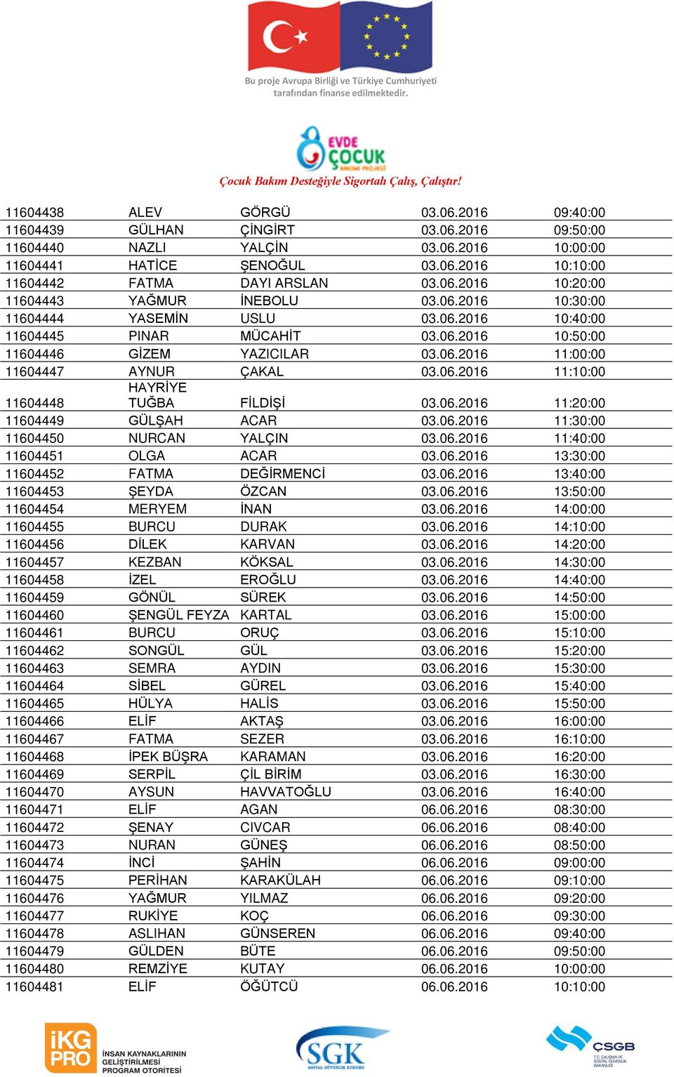 06.2016 11:10:00 11604448 HAYRİYE TUĞBA FİLDİŞİ 03.06.2016 11:20:00 11604449 GÜLŞAH ACAR 03.06.2016 11:30:00 11604450 NURCAN YALÇIN 03.06.2016 11:40:00 11604451 OLGA ACAR 03.06.2016 13:30:00 11604452 FATMA DEĞİRMENCİ 03.