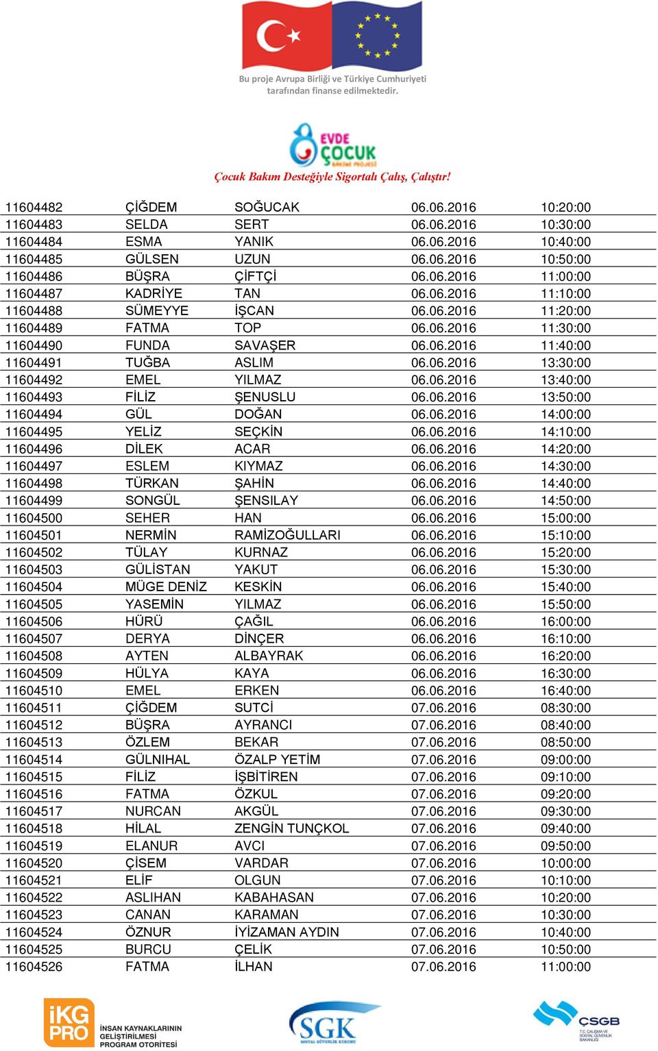 06.2016 13:40:00 11604493 FİLİZ ŞENUSLU 06.06.2016 13:50:00 11604494 GÜL DOĞAN 06.06.2016 14:00:00 11604495 YELİZ SEÇKİN 06.06.2016 14:10:00 11604496 DİLEK ACAR 06.06.2016 14:20:00 11604497 ESLEM KIYMAZ 06.