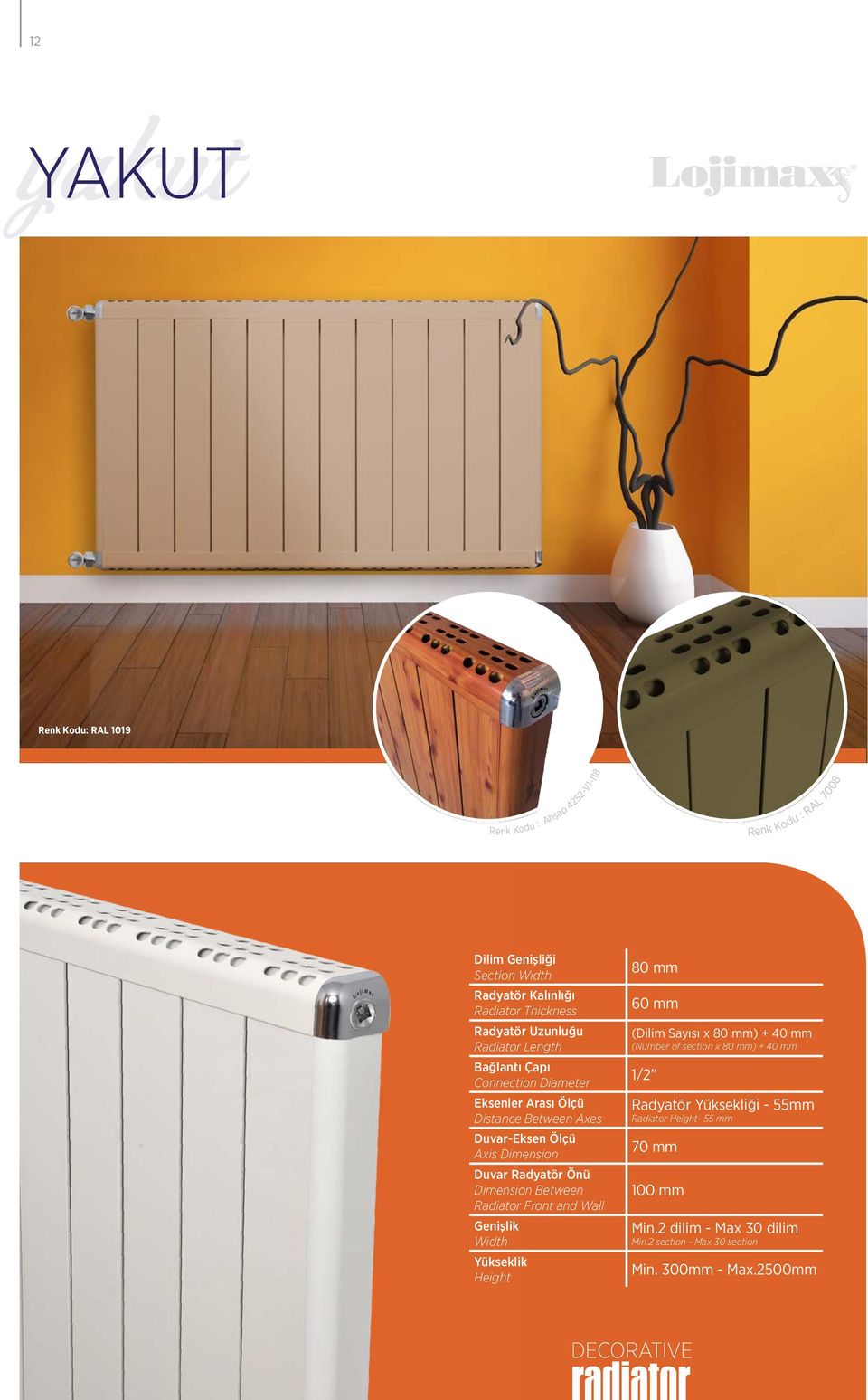 Front and Wall Genişlik Width Yükseklik 80 mm 60 mm (Dilim Sayısı x 80 mm) + 40 mm (Number of section x 80 mm) + 40 mm