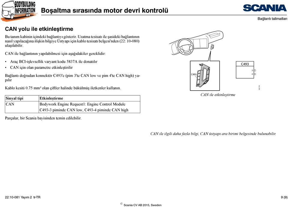 CAN ile bağlantının yapılabilmesi için aşağıdakiler gereklidir: Araç BCI-işlevsellik varyant kodu 5837A ile donatılır CAN için olan parametre etkinleştirilir Bağlantı doğrudan konnektör C493'e (pim