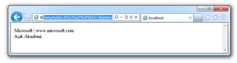 protected void Button1_Click(object sender, EventArgs e) Response.Redirect("Sayfa2.aspx?Goruntule=Microsoft&Goruntule2=www.microsoft.com&Gor untule3="+server.