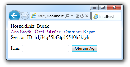 noktalıyor olalım. SessionID değerini görüntülemek için MasterPage e bir tane Label atıp MasterPage in PageLoad ını aşağıdaki hale getirelim.