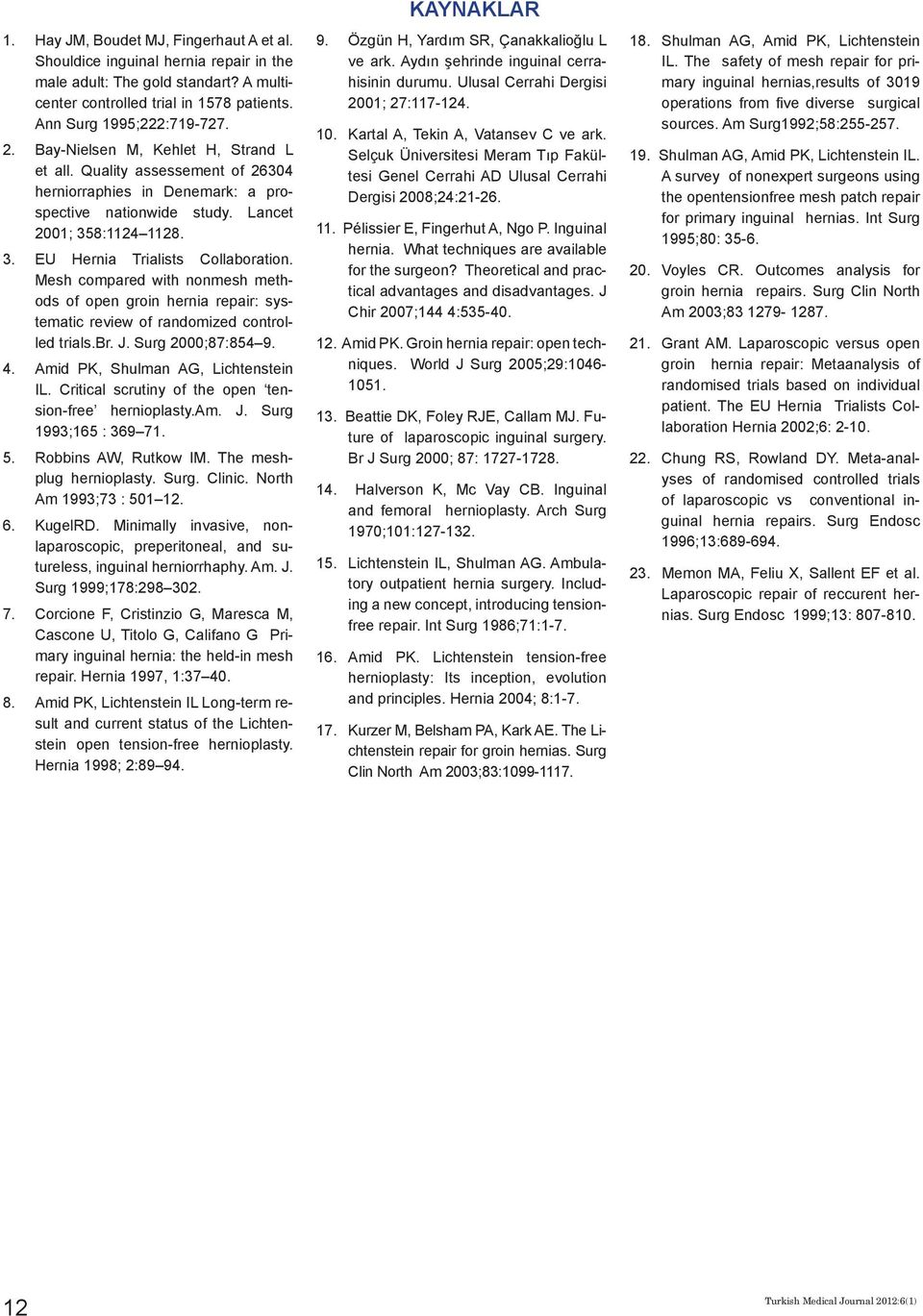 Mesh compared with nonmesh methods of open groin hernia repair: systematic review of randomized controlled trials.br. J. Surg 2000;87:854 9. 4. Amid PK, Shulman AG, Lichtenstein IL.