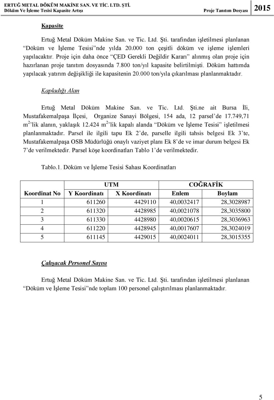 Proje için daha önce ÇED Gerekli Değildir Kararı alınmış olan proje için hazırlanan proje tanıtım dosyasında 7.800 ton/yıl kapasite belirtilmişti.