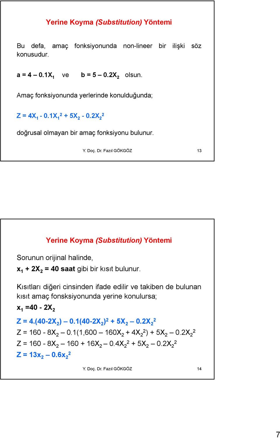 Fazıl GÖKGÖZ 13 Yerine Koyma (Substitution) Yöntemi Sorunun orijinal halinde, x 1 +2X 2 = 40 saat gibi bir kısıt bulunur.