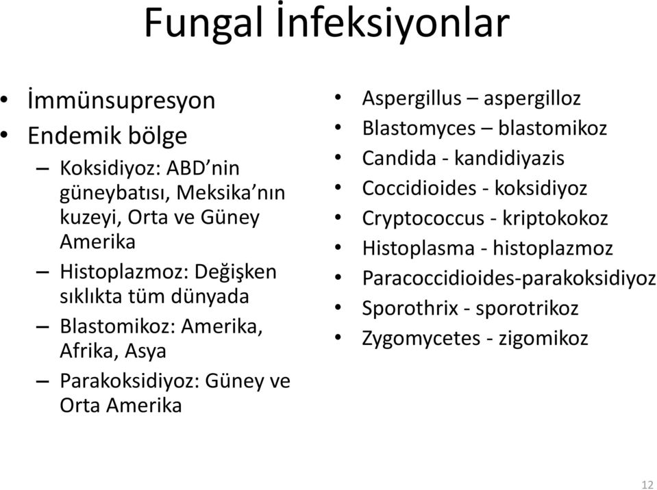 Amerika Aspergillus aspergilloz Blastomyces blastomikoz Candida - kandidiyazis Coccidioides - koksidiyoz Cryptococcus