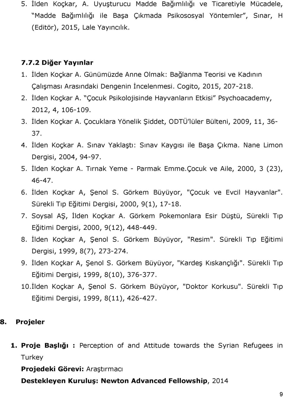 Çocuk Psikolojisinde Hayvanların Etkisi Psychoacademy, 2012, 4, 106-109. 3. İlden Koçkar A. Çocuklara Yönelik Şiddet, ODTÜ lüler Bülteni, 2009, 11, 36-37. 4. İlden Koçkar A. Sınav Yaklaştı: Sınav Kaygısı ile Başa Çıkma.