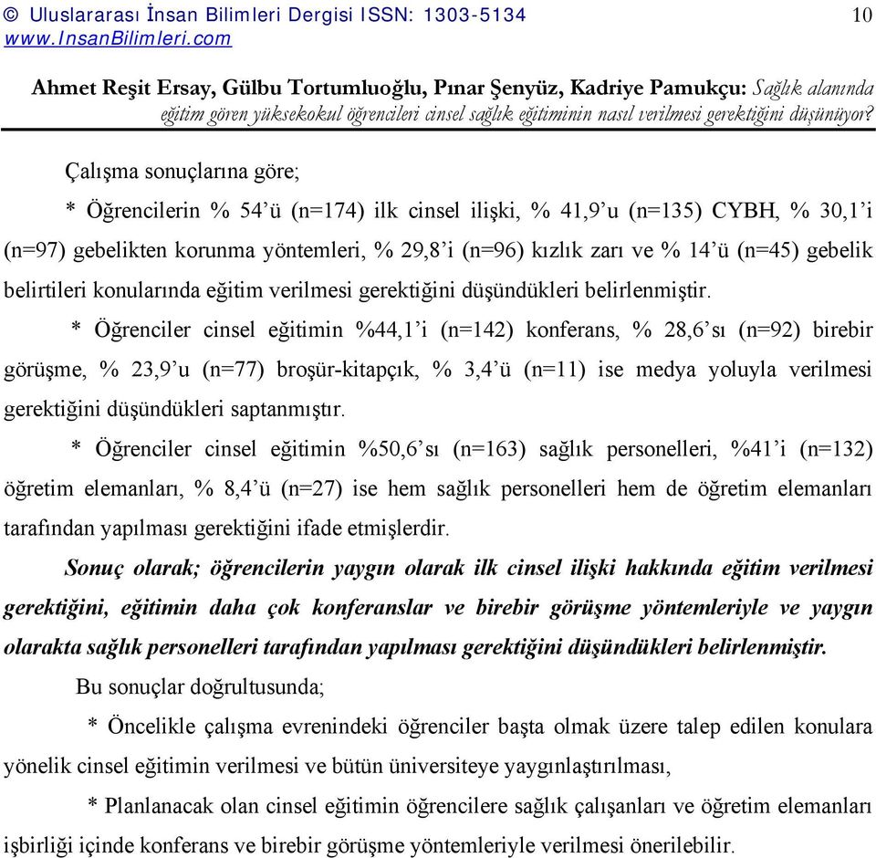 * Öğrenciler cinsel eğitimin %44,1 i (n=142) konferans, % 28,6 sı (n=92) birebir görüşme, % 23,9 u (n=77) broşür-kitapçık, % 3,4 ü (n=11) ise medya yoluyla verilmesi gerektiğini düşündükleri