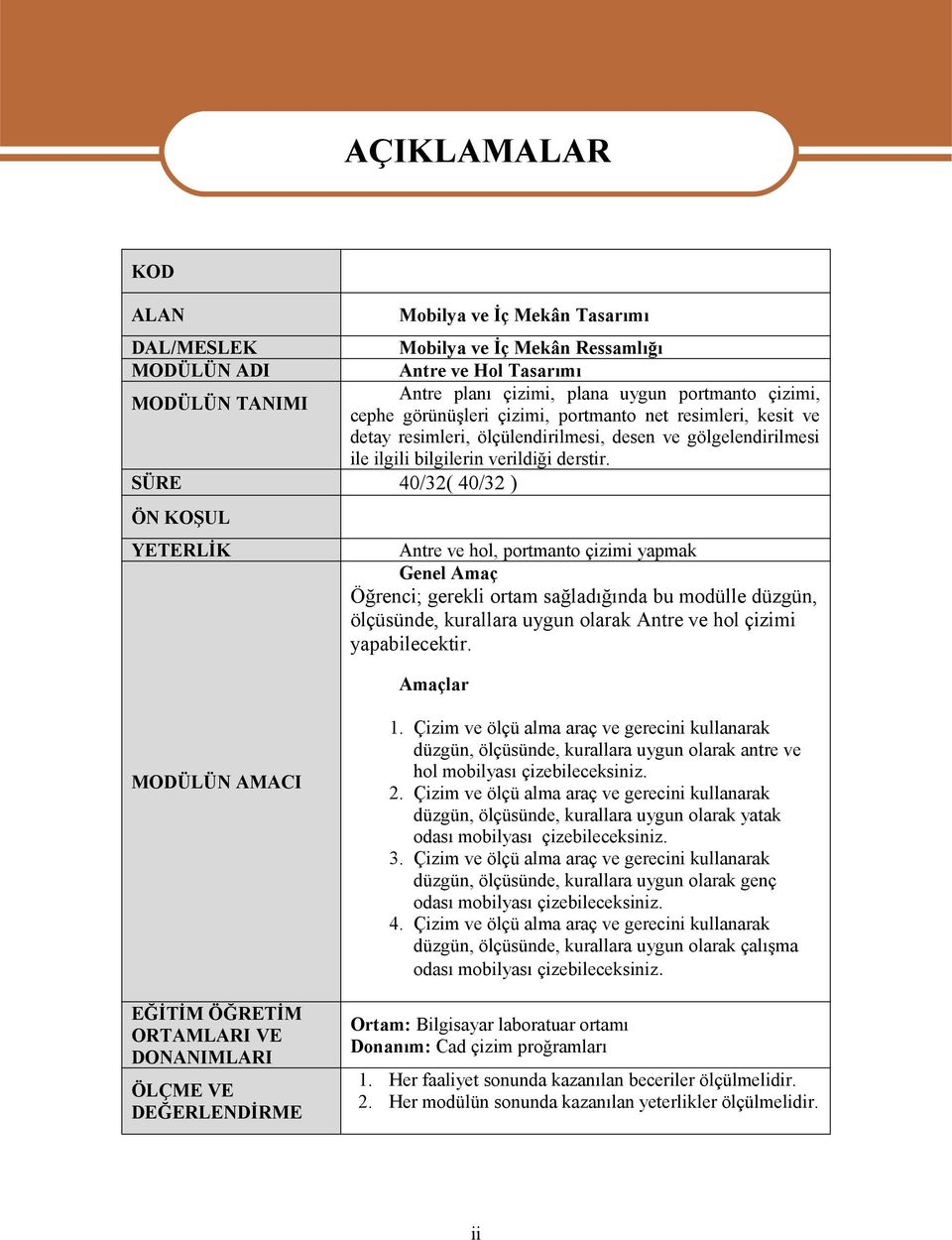 40/32( 40/32 ) ÖN KOŞUL YETERLİK Antre ve hol, portmanto çizimi yapmak Genel Amaç Öğrenci; gerekli ortam sağladığında bu modülle düzgün, ölçüsünde, kurallara uygun olarak Antre ve hol çizimi