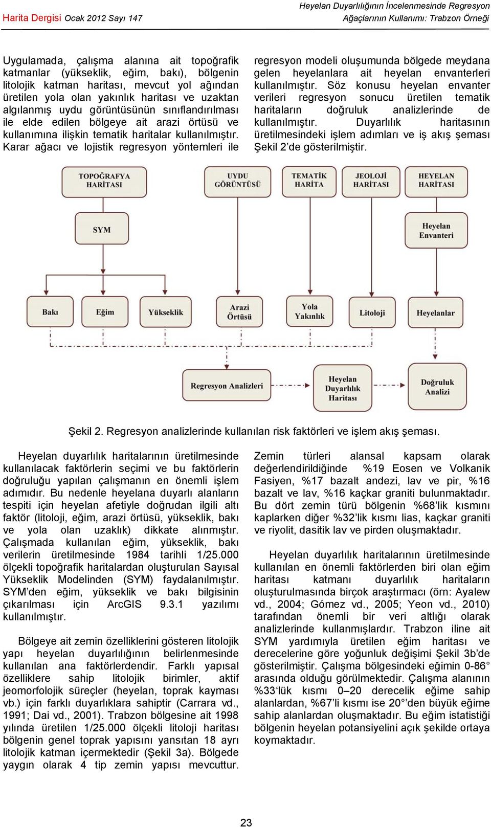 Karar ağacı ve lojistik regresyon yöntemleri ile regresyon modeli oluşumunda bölgede meydana gelen heyelanlara ait heyelan envanterleri kullanılmıştır.