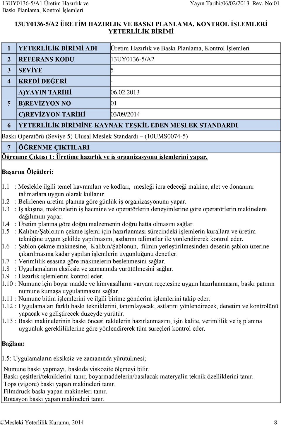 2013 5 B)REVİZYON NO 01 C)REVİZYON TARİHİ 03/09/2014 6 YETERLİLİK BİRİMİNE KAYNAK TEŞKİL EDEN MESLEK STANDARDI Baskı Operatörü (Seviye 5) Ulusal Meslek Standardı (10UMS0074-5) 7 ÖĞRENME ÇIKTILARI