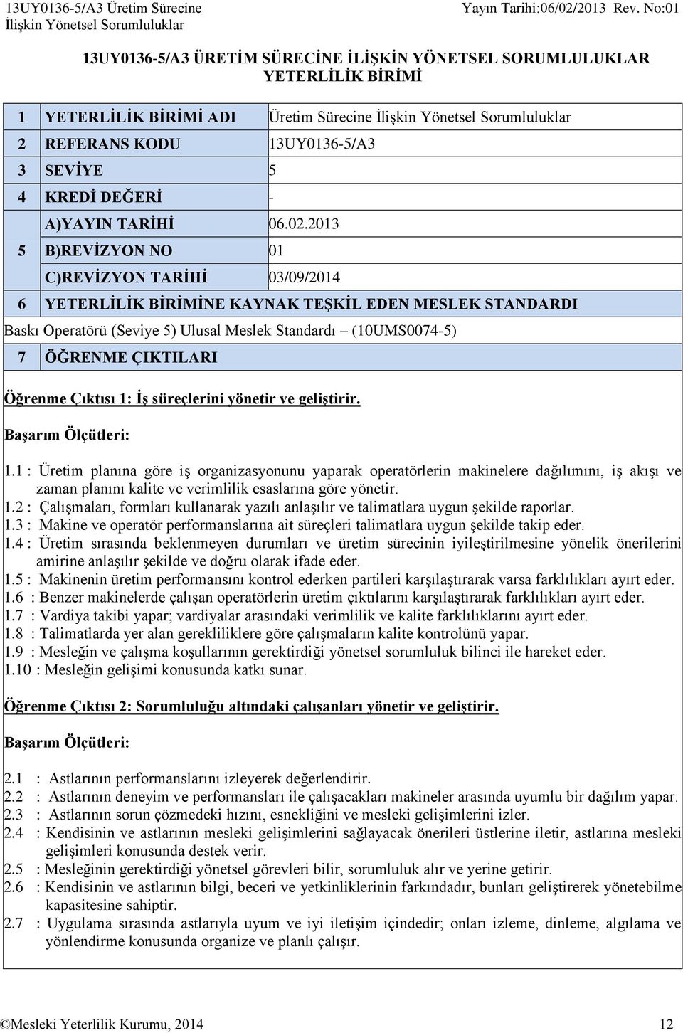 2013 B)REVİZYON NO 01 C)REVİZYON TARİHİ 03/09/2014 6 YETERLİLİK BİRİMİNE KAYNAK TEŞKİL EDEN MESLEK STANDARDI Baskı Operatörü (Seviye 5) Ulusal Meslek Standardı (10UMS0074-5) 7 ÖĞRENME ÇIKTILARI