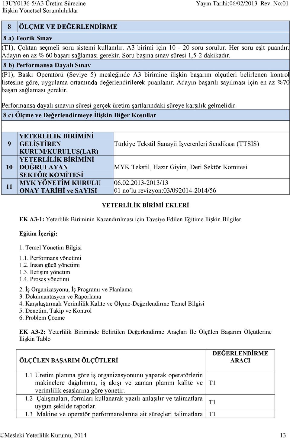 8 b) Performansa Dayalı Sınav (P1), Baskı Operatörü (Seviye 5) mesleğinde A3 birimine ilişkin başarım ölçütleri belirlenen kontrol listesine göre, uygulama ortamında değerlendirilerek puanlanır.