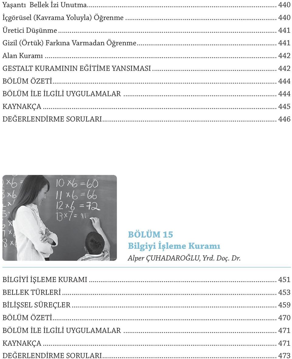 .. 445 DEĞERLENDİRME SORULARI... 446 BÖLÜM 15 Bilgiyi İşleme Kuramı Alper ÇUHADAROĞLU, Yrd. Doç. Dr. BİLGİYİ İŞLEME KURAMI.