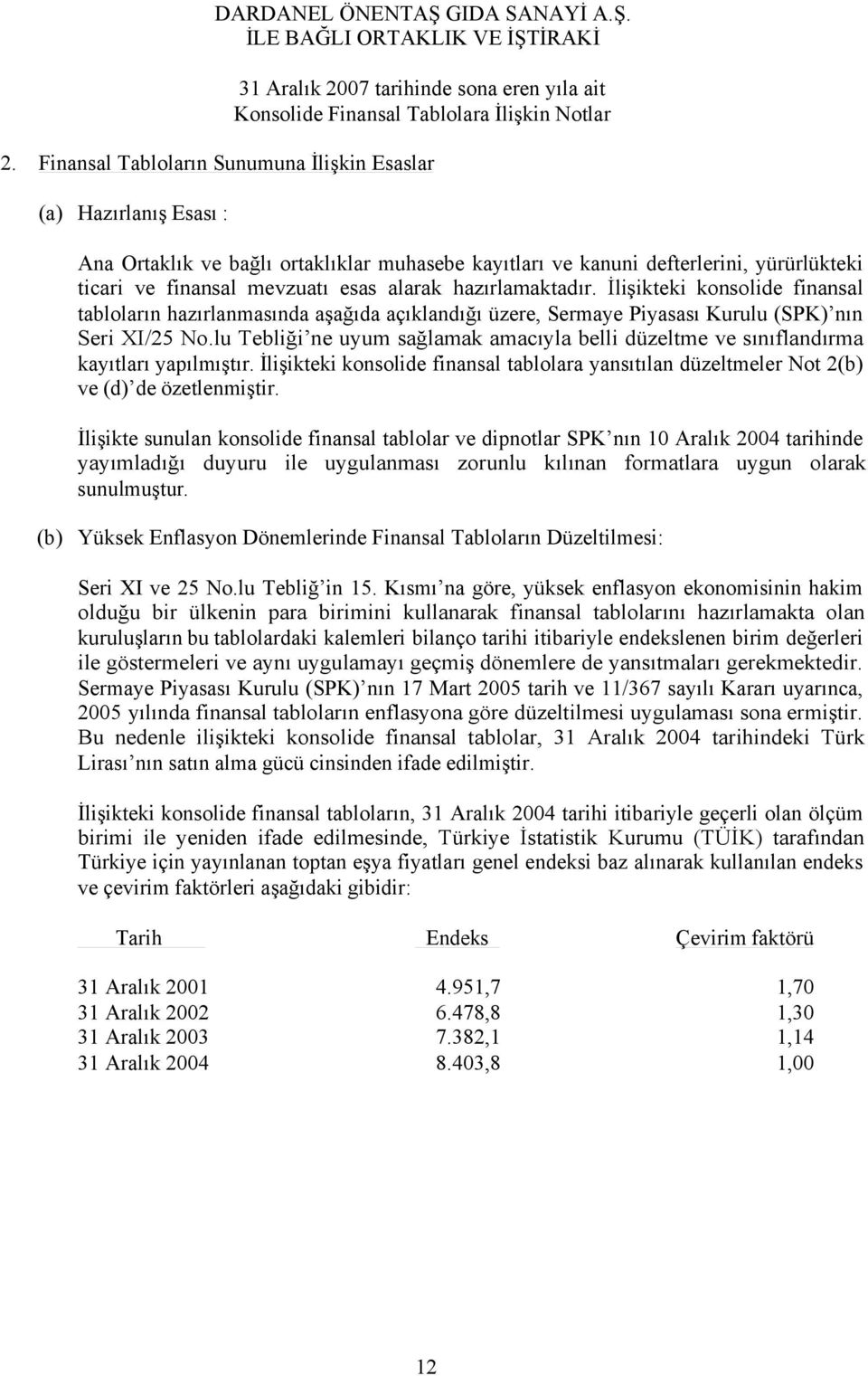 hazırlamaktadır. İlişikteki konsolide finansal tabloların hazırlanmasında aşağıda açıklandığı üzere, Sermaye Piyasası Kurulu (SPK) nın Seri XI/25 No.