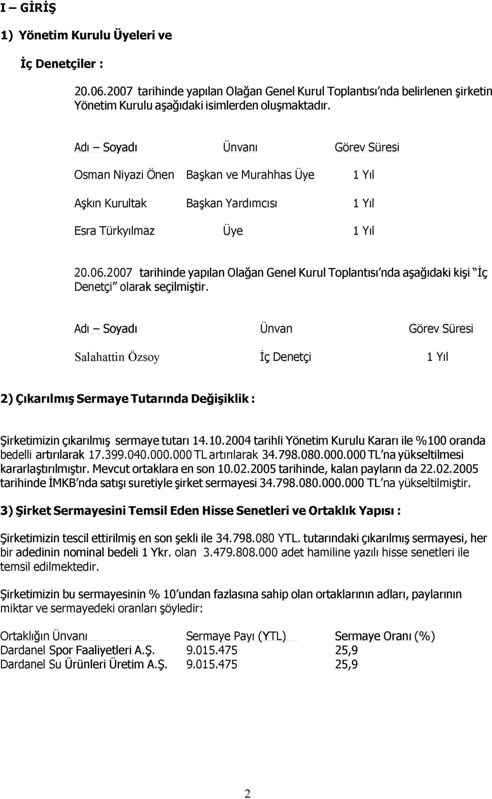 2007 tarihinde yapılan Olağan Genel Kurul Toplantısı nda aşağıdaki kişi İç Denetçi olarak seçilmiştir.