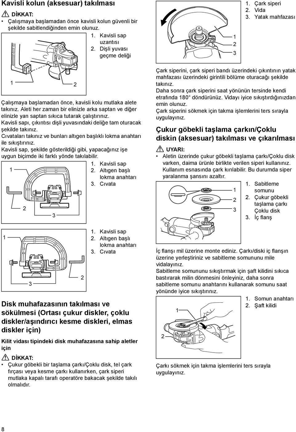 Kavisli sapı, çıkıntısı dişli yuvasındaki deliğe tam oturacak şekilde takınız. Cıvataları takınız ve bunları altıgen başlıklı lokma anahtarı ile sıkıştırınız.