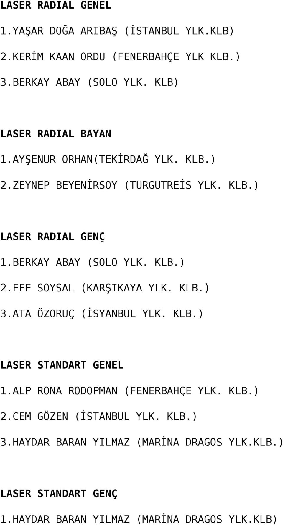 BERKAY ABAY (SOLO YLK. KLB.) 2.EFE SOYSAL (KARŞIKAYA YLK. KLB.) 3.ATA ÖZORUÇ (İSYANBUL YLK. KLB.) LASER STANDART GENEL 1.