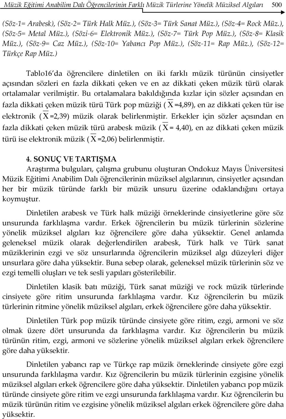 ) Tablo16 da öğrencilere dinletilen on iki farklı müzik türünün cinsiyetler açısından sözleri en fazla dikkati çeken ve en az dikkati çeken müzik türü olarak ortalamalar verilmiştir.