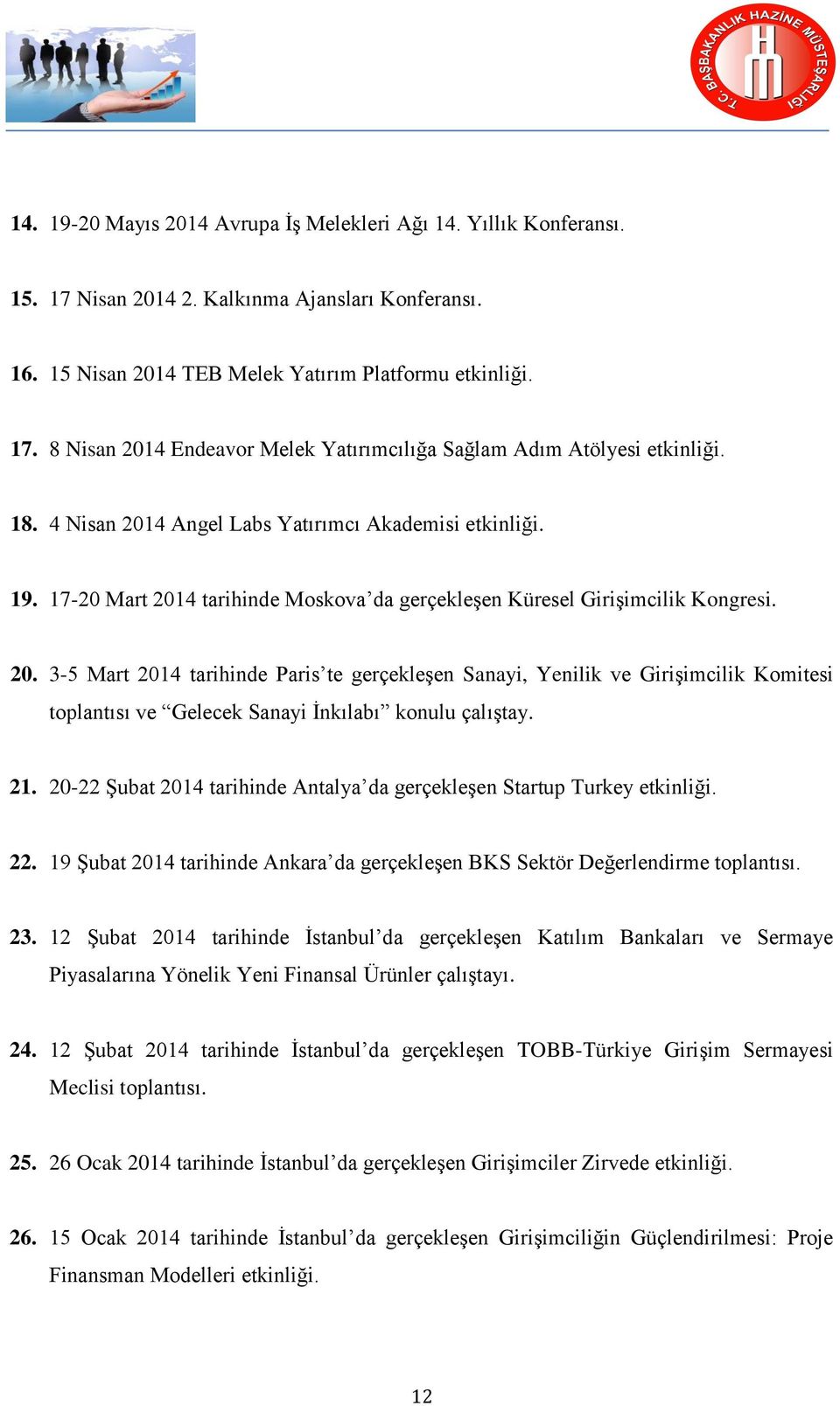 21. 20-22 Şubat 2014 tarihinde Antalya da gerçekleşen Startup Turkey etkinliği. 22. 19 Şubat 2014 tarihinde Ankara da gerçekleşen BKS Sektör Değerlendirme toplantısı. 23.