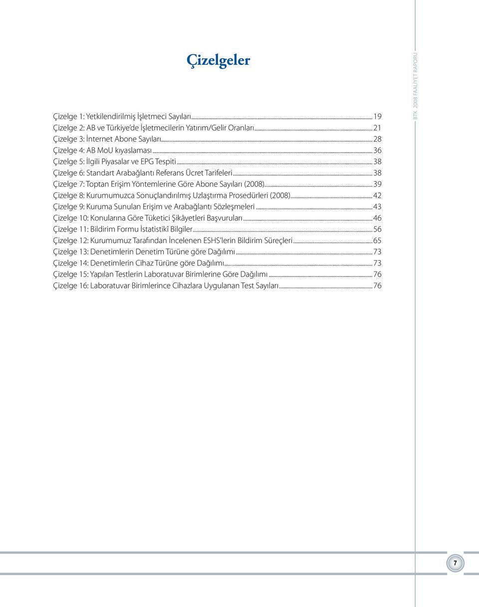 .. 38 Çizelge 7: Toptan Erişim Yöntemlerine Göre Abone Sayıları (2008)... 39 Çizelge 8: Kurumumuzca Sonuçlandırılmış Uzlaştırma Prosedürleri (2008).