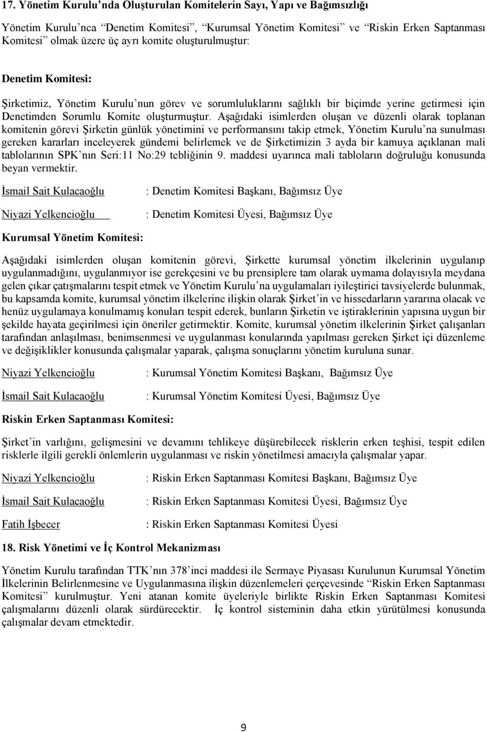 Aşağıdaki isimlerden oluşan ve düzenli olarak toplanan komitenin görevi Şirketin günlük yönetimini ve performansını takip etmek, Yönetim Kurulu na sunulması gereken kararları inceleyerek gündemi