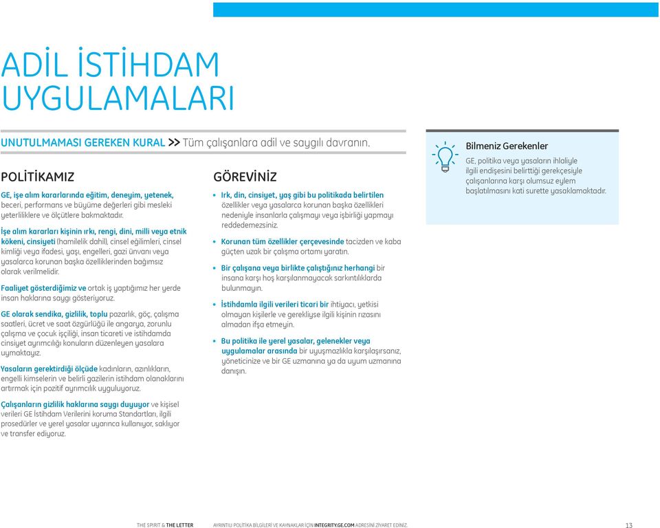 İşe alım kararları kişinin ırkı, rengi, dini, milli veya etnik kökeni, cinsiyeti (hamilelik dahil), cinsel eğilimleri, cinsel kimliği veya ifadesi, yaşı, engelleri, gazi ünvanı veya yasalarca korunan