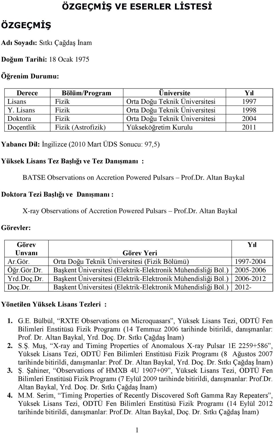 97,5) Yüksek Lisans Tez Başlığı ve Tez Danışmanı : BATSE Observations on Accretion Powered Pulsars Prof.Dr.