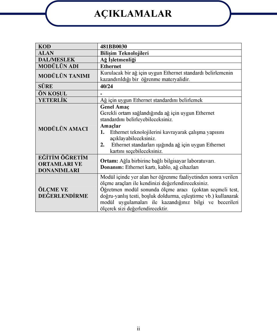 MODÜLÜN AMACI Amaçlar 1. Ethernet teknolojilerini kavrayarak çalıģma yapısını açıklayabileceksiniz. 2. Ethernet standarları ıģığında ağ için uygun Ethernet kartını seçebileceksiniz.