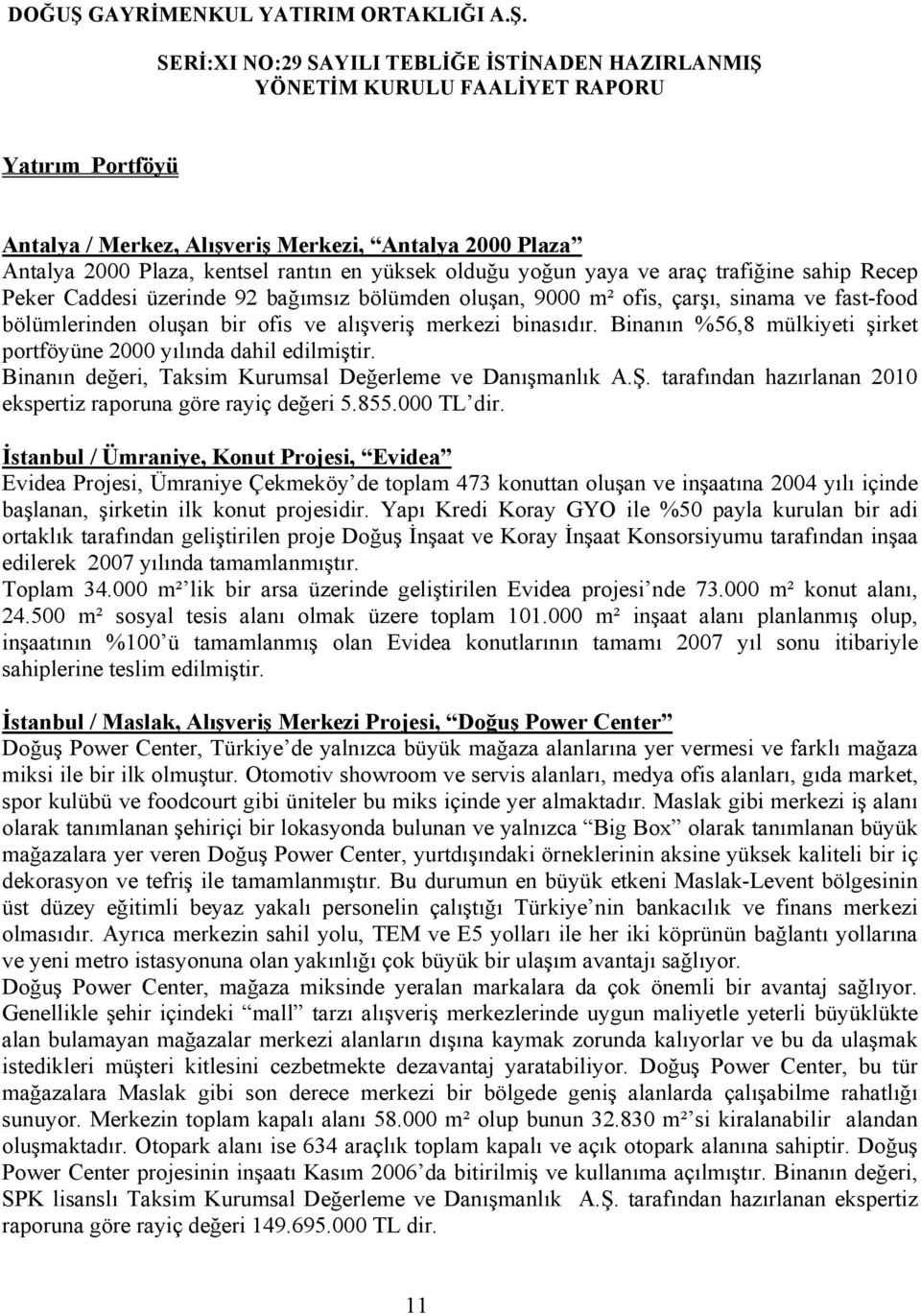 Binanın %56,8 mülkiyeti şirket portföyüne 2000 yılında dahil edilmiştir. Binanın değeri, Taksim Kurumsal Değerleme ve Danışmanlık A.Ş.