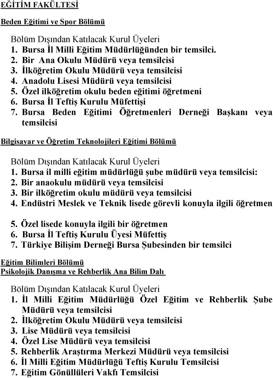 Bursa Beden Eğitimi Öğretmenleri Derneği Başkanı veya temsilcisi Bilgisayar ve Öğretim Teknolojileri Eğitimi Bölümü 1. Bursa il milli eğitim müdürlüğü şube müdürü veya temsilcisi: 2.