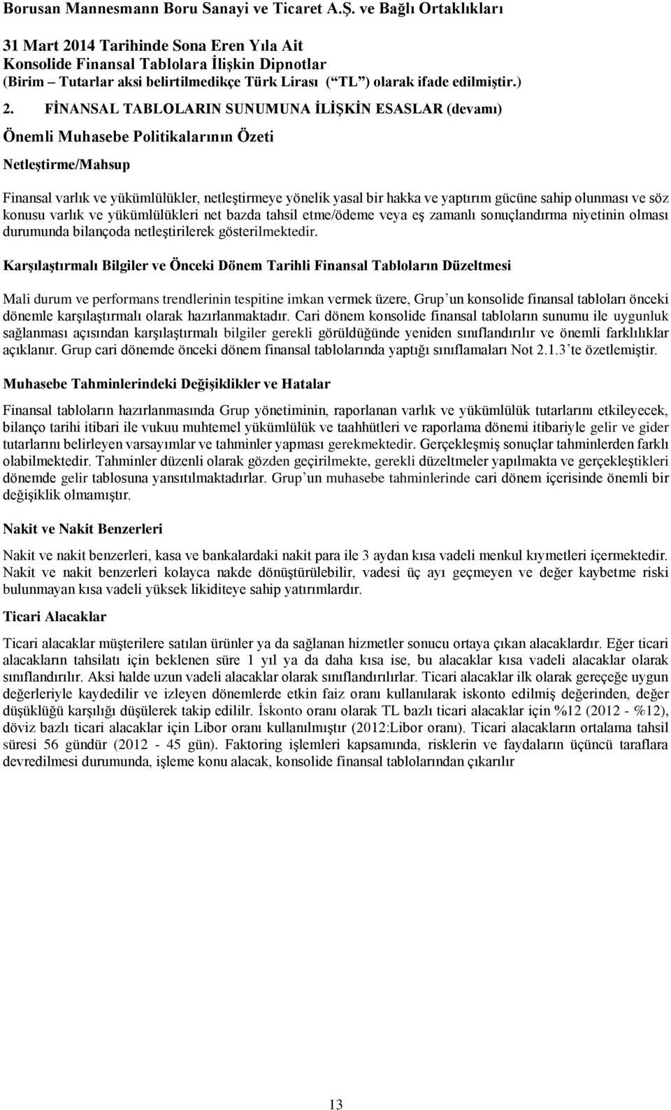 Karşılaştırmalı Bilgiler ve Önceki Dönem Tarihli Finansal Tabloların Düzeltmesi Mali durum ve performans trendlerinin tespitine imkan vermek üzere, Grup un konsolide finansal tabloları önceki dönemle