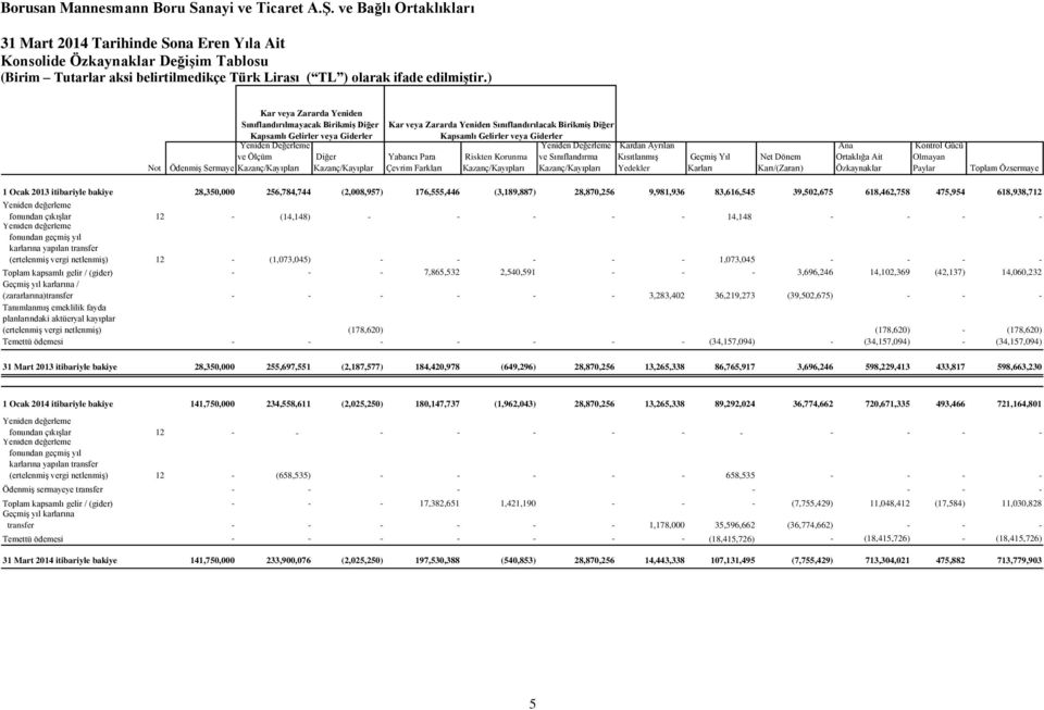 Değerleme ve Sınıflandırma Kazanç/Kayıpları Kardan Ayrılan Kısıtlanmış Yedekler Geçmiş Yıl Karları Net Dönem Karı/(Zararı) Ana Ortaklığa Ait Özkaynaklar Kontrol Gücü Olmayan Paylar Toplam Özsermaye 1