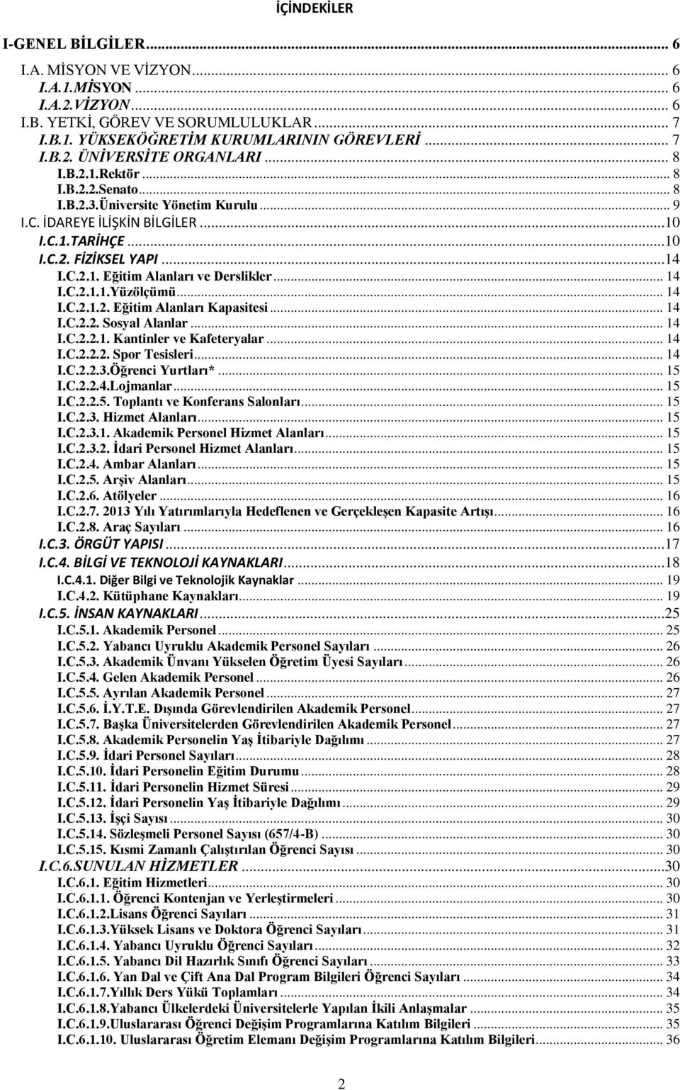 .. 14 I.C.2.1.1.Yüzölçümü... 14 I.C.2.1.2. Eğitim Alanları Kapasitesi... 14 I.C.2.2. Sosyal Alanlar... 14 I.C.2.2.1. Kantinler ve Kafeteryalar... 14 I.C.2.2.2. Spor Tesisleri... 14 I.C.2.2.3.