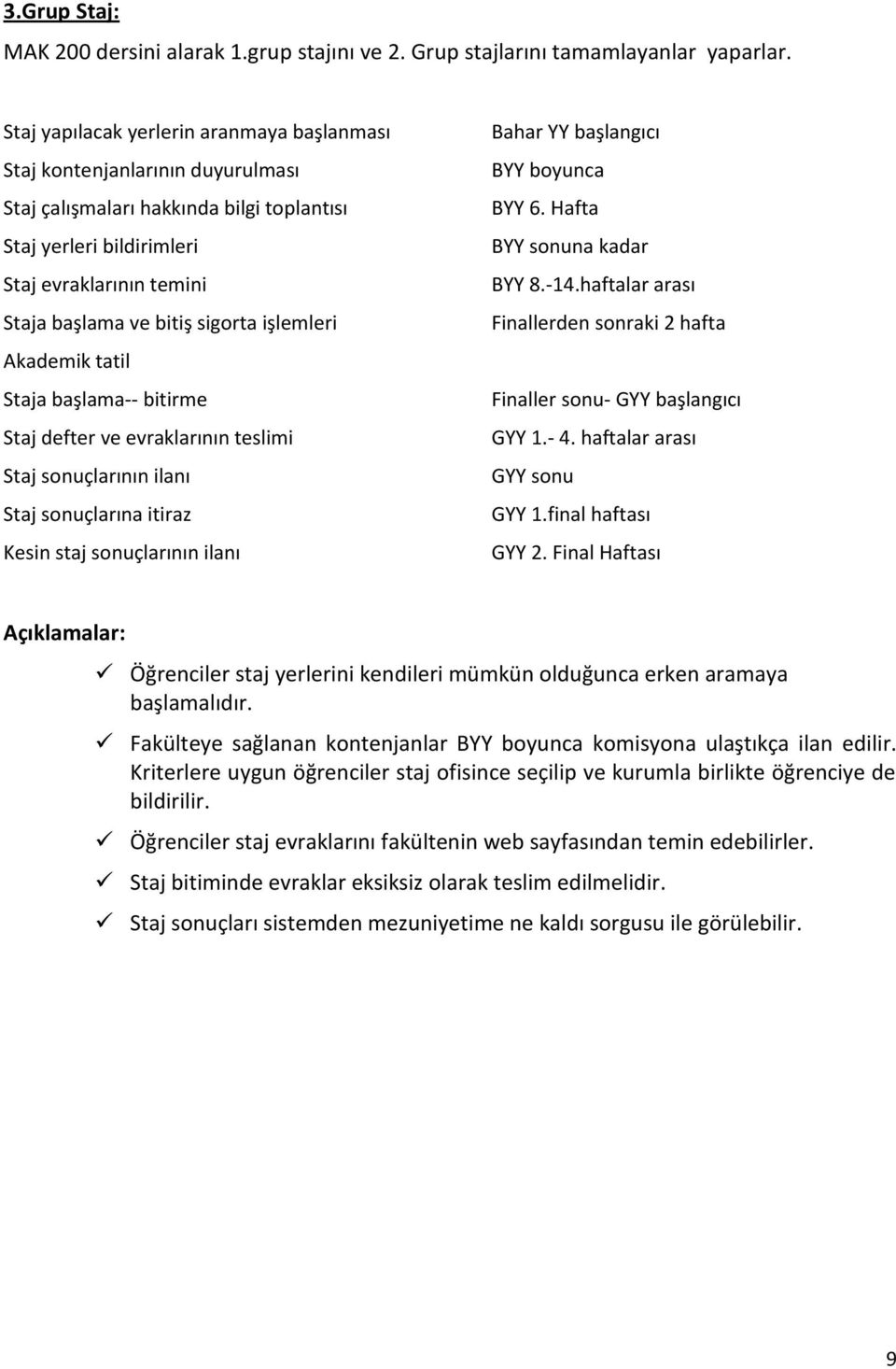 sigorta işlemleri Akademik tatil Staja başlama-- bitirme Staj defter ve evraklarının teslimi Staj sonuçlarının ilanı Staj sonuçlarına itiraz Kesin staj sonuçlarının ilanı Bahar YY başlangıcı BYY