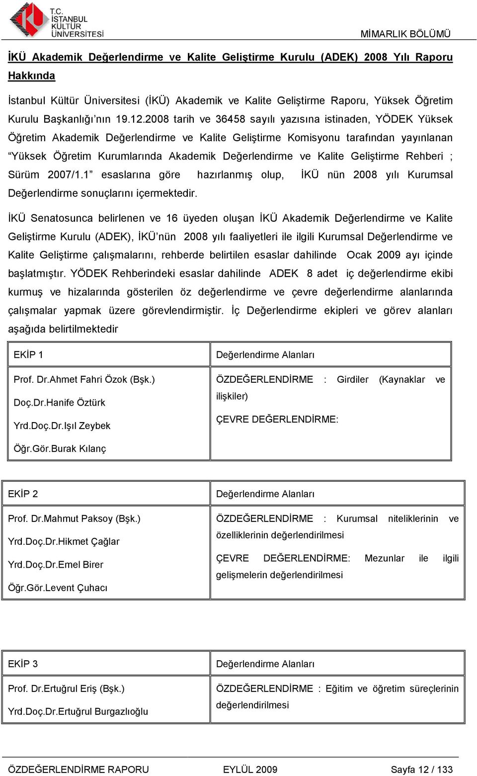 2008 tarih ve 36458 sayılı yazısına istinaden, YÖDEK Yüksek Öğretim Akademik Değerlendirme ve Kalite Geliştirme Komisyonu tarafından yayınlanan Yüksek Öğretim Kurumlarında Akademik Değerlendirme ve