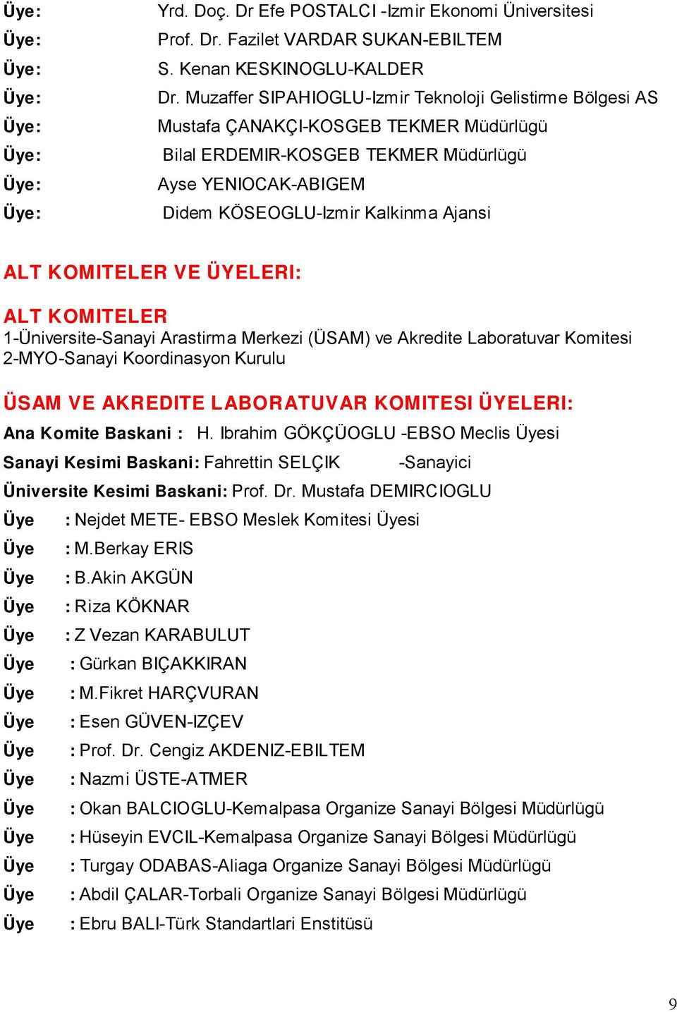 KOMITELER VE ÜYELERI: ALT KOMITELER 1-Üniversite-Sanayi Arastirma Merkezi (ÜSAM) ve Akredite Laboratuvar Komitesi 2-MYO-Sanayi Koordinasyon Kurulu ÜSAM VE AKREDITE LABORATUVAR KOMITESI ÜYELERI: Ana