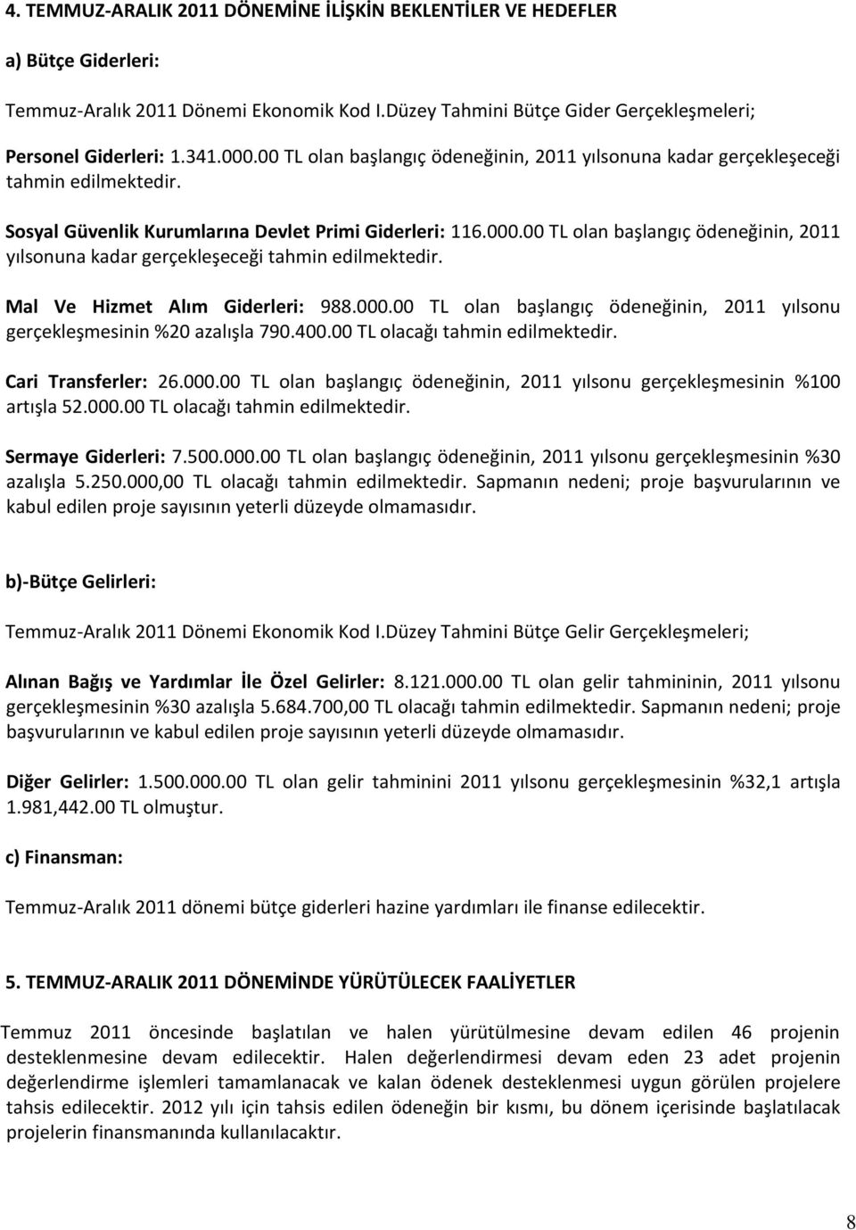 00 TL olan başlangıç ödeneğinin, 2011 yılsonuna kadar gerçekleşeceği tahmin edilmektedir. Mal Ve Hizmet Alım Giderleri: 988.000.